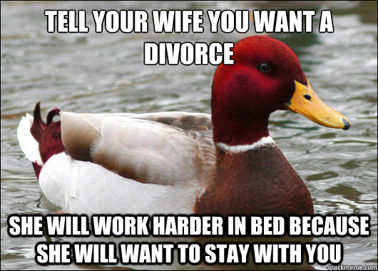 tell your wife you want a divorce
 she will work harder in bed because she will want to stay with you  Malicious Advice Mallard