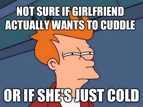 Not sure if girlfriend actually wants to cuddle Or if she's just cold  Futurama Fry