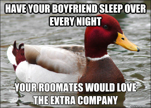 have your boyfriend sleep over every night your roomates would love 
the extra company - have your boyfriend sleep over every night your roomates would love 
the extra company  Malicious Advice Mallard