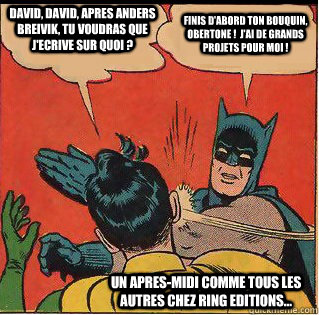 David, David, apres Anders Breivik, tu voudras que j'ecrive sur quoi ? finis d'abord ton bouquin, obertone !  j'ai de grands projets pour moi ! Un apres-midi comme tous les autres chez ring editions...  Slappin Batman