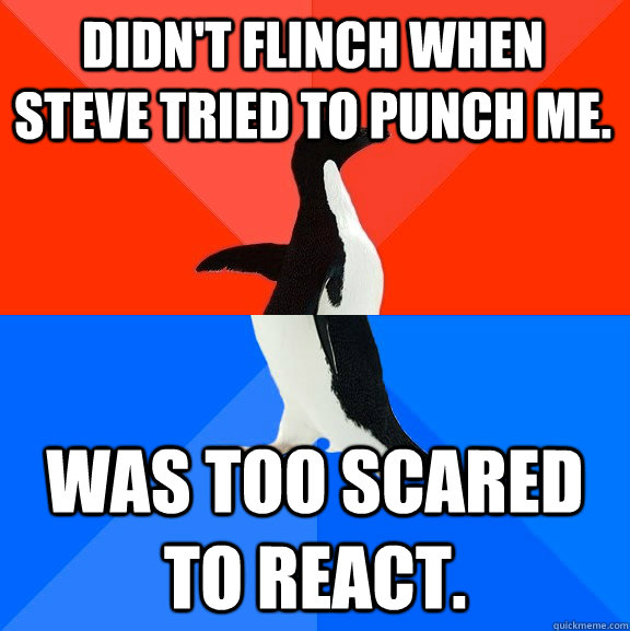 Didn't flinch when steve tried to punch me. Was too scared to react. - Didn't flinch when steve tried to punch me. Was too scared to react.  Socially Awesome Awkward Penguin
