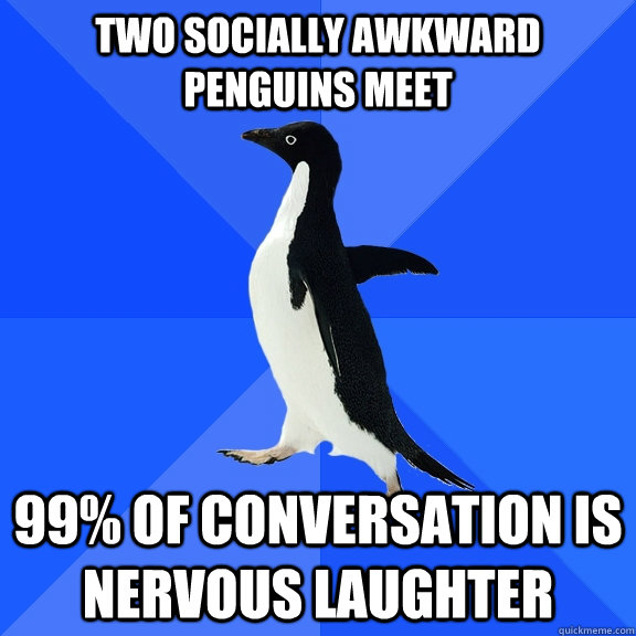 two socially awkward penguins meet 99% of conversation is nervous laughter   Socially Awkward Penguin