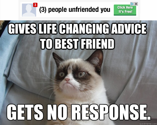 Gives life changing advice to best friend Gets no response. - Gives life changing advice to best friend Gets no response.  Grumpy Cat on Being Unfriended