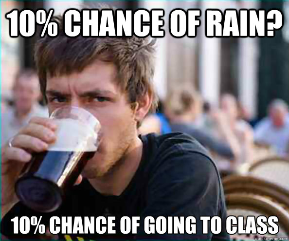 10% chance of rain? 10% chance of going to class  Lazy College Senior