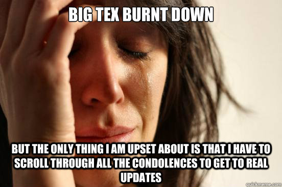 Big Tex burnt down but the only thing I am upset about is that i have to scroll through all the condolences to get to real updates  First World Problems
