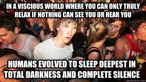 in a viscious world where you can only truly relax if nothing can see you or hear you humans evolved to sleep deepest in total darkness and complete silence  Sudden Clarity Clarence