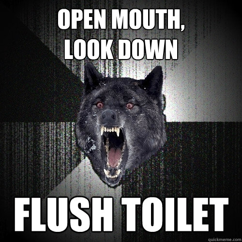 open mouth,
look down flush toilet  Insanity Wolf