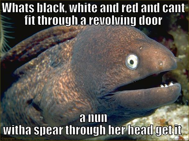 WHATS BLACK, WHITE AND RED AND CANT FIT THROUGH A REVOLVING DOOR A NUN WITHA SPEAR THROUGH HER HEAD GET IT  Bad Joke Eel