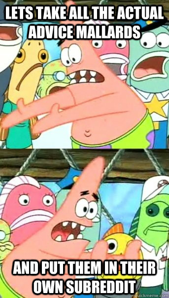 Lets take all the actual advice mallards and put them in their own subreddit  Push it somewhere else Patrick