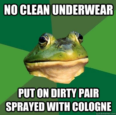 No clean underwear put on dirty pair sprayed with cologne   Foul Bachelor Frog