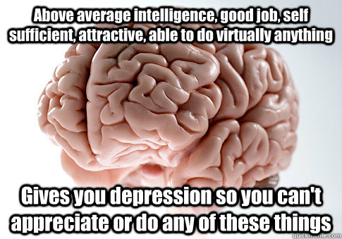 Above average intelligence, good job, self sufficient, attractive, able to do virtually anything Gives you depression so you can't appreciate or do any of these things  Scumbag Brain