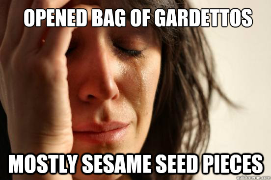 Opened Bag of Gardettos mostly sesame seed pieces  First World Problems