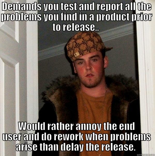 DEMANDS YOU TEST AND REPORT ALL THE PROBLEMS YOU FIND IN A PRODUCT PRIOR TO RELEASE..  WOULD RATHER ANNOY THE END USER AND DO REWORK WHEN PROBLEMS ARISE THAN DELAY THE RELEASE.  Scumbag Steve