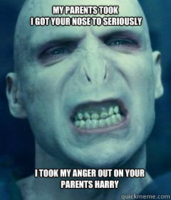 My parents took
 I got your nose to seriously I took my anger out on your parents Harry  Voldemort Meme