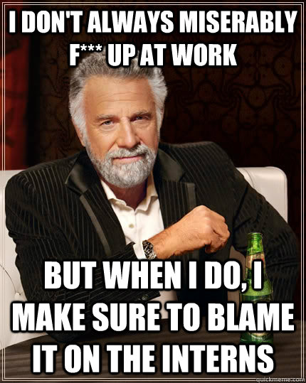 I don't always miserably f*** up at work but when I do, I make sure to blame it on the interns  The Most Interesting Man In The World