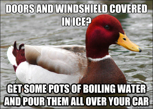 Doors and windshield covered in ice?
 Get some pots of boiling water and pour them all over your car - Doors and windshield covered in ice?
 Get some pots of boiling water and pour them all over your car  Malicious Advice Mallard