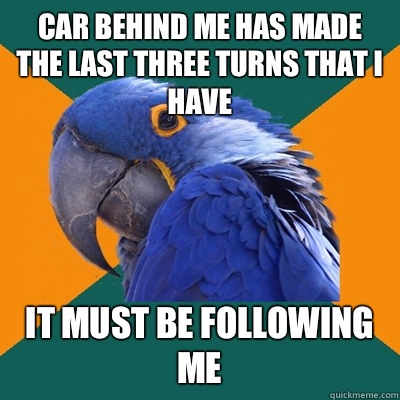 Car behind me has made the last three turns that I have It must be following me   Paranoid Parrot