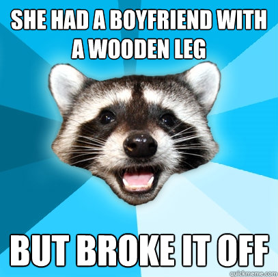 SHE HAD A BOYFRIEND WITH A WOODEN LEG BUT BROKE IT OFF  Lame Pun Coon