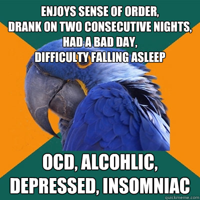 enjoys sense of order,
drank on two consecutive nights,
had a bad day,
difficulty falling asleep OCD, alcohlic, depressed, insomniac  Paranoid Parrot