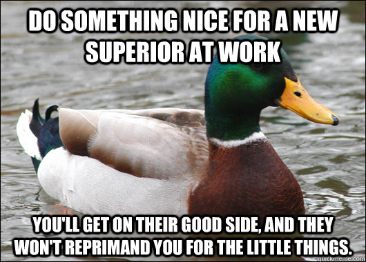 do something nice for a new superior at work you'll get on their good side, and they won't reprimand you for the little things.    Actual Advice Mallard