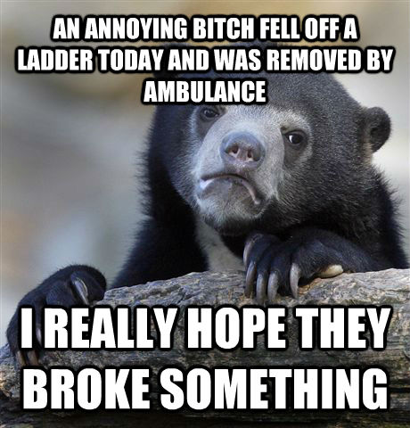 AN ANNOYING BITCH FELL OFF A LADDER TODAY AND WAS REMOVED BY AMBULANCE I REALLY HOPE THEY BROKE SOMETHING  Confession Bear