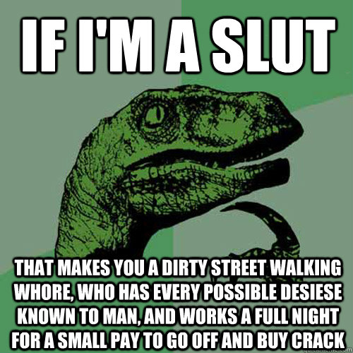 If i'm a slut That makes you a dirty street walking whore, who has every possible desiese known to man, and works a full night for a small pay to go off and buy crack - If i'm a slut That makes you a dirty street walking whore, who has every possible desiese known to man, and works a full night for a small pay to go off and buy crack  Philosoraptor