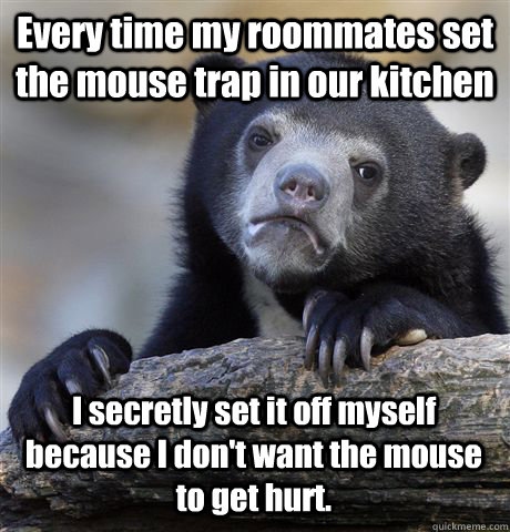 Every time my roommates set the mouse trap in our kitchen I secretly set it off myself because I don't want the mouse to get hurt.  Confession Bear