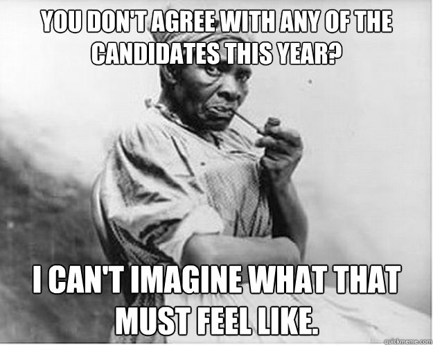 You don't agree with any of the candidates this year? I can't imagine what that must feel like.  Unimpressed Slave