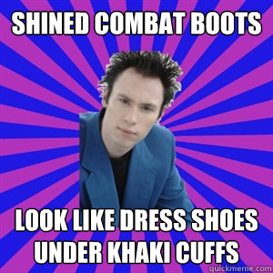 shined combat boots look like dress shoes under khaki cuffs  Business Casual Punk