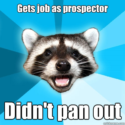 Gets job as prospector Didn't pan out  Lame Pun Coon