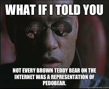 What if i told you Not every brown teddy bear on the Internet was a representation of pedobear.  brink what if i told you