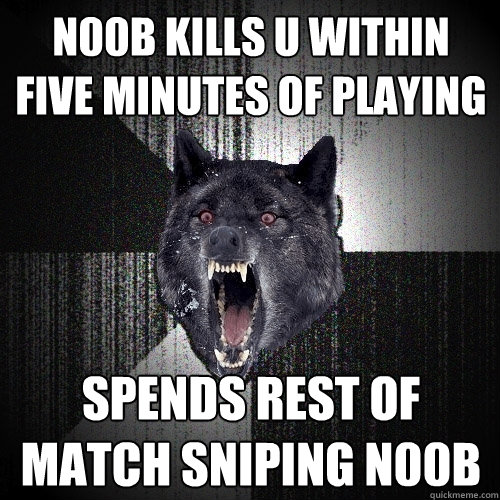 n00b kills u within five minutes of playing spends rest of match sniping n00b  Insanity Wolf