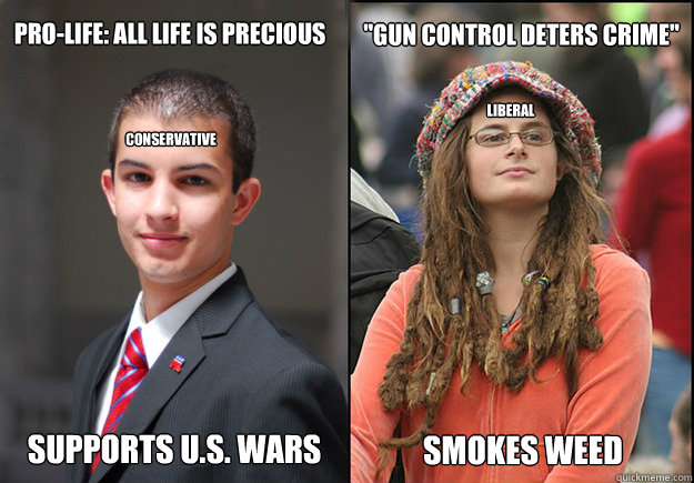 Smokes weed Supports U.S. WARS Pro-life: all life is precious 