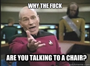 why the fuck are you talking to a chair?  Annoyed Picard