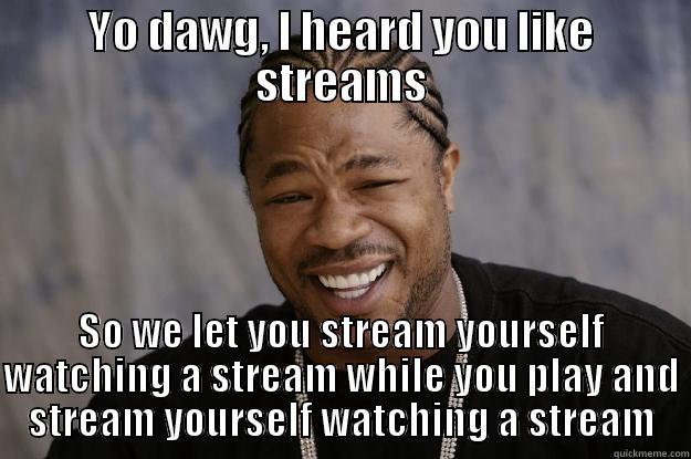 YO DAWG, I HEARD YOU LIKE STREAMS SO WE LET YOU STREAM YOURSELF WATCHING A STREAM WHILE YOU PLAY AND STREAM YOURSELF WATCHING A STREAM Xzibit meme