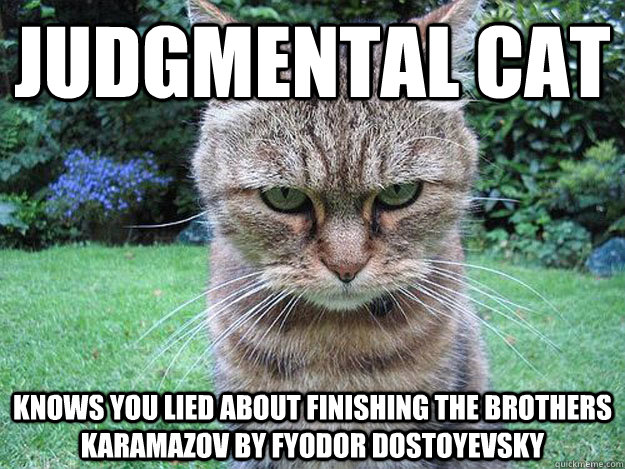 judgmental Cat knows you lied about finishing The Brothers Karamazov by Fyodor Dostoyevsky  
