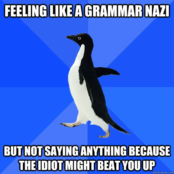 feeling like a grammar nazi but not saying anything because the idiot might beat you up  Socially Awkward Penguin
