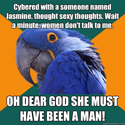Cybered with a someone named Jasmine, thought sexy thoughts. Wait a minute, women don't talk to me. OH DEAR GOD SHE MUST HAVE BEEN A MAN!  Paranoid Parrot