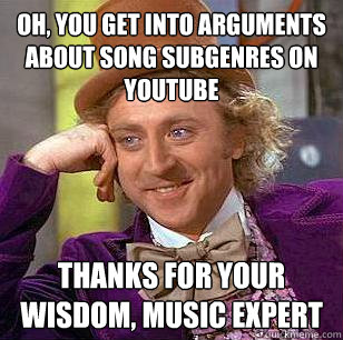 Oh, you get into arguments about song subgenres on youtube Thanks for your wisdom, music expert  Condescending Wonka