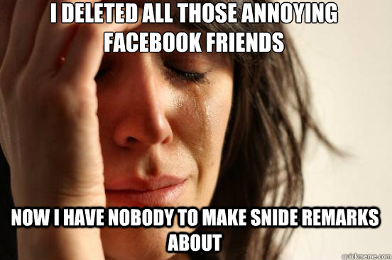 I deleted all those annoying Facebook friends  now i have nobody to make snide remarks about  First World Problems