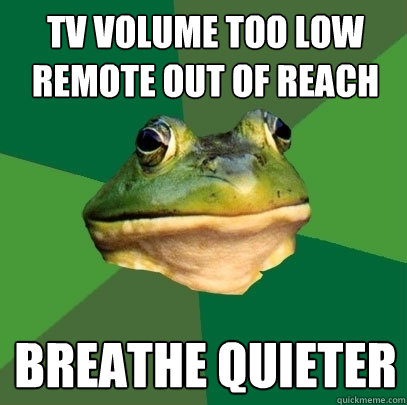 tv volume too low
remote out of reach breathe quieter  Foul Bachelor Frog