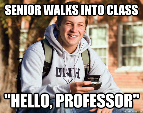 senior walks into class 
