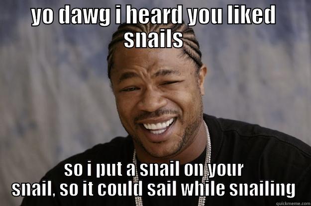 YO DAWG I HEARD YOU LIKED SNAILS SO I PUT A SNAIL ON YOUR SNAIL, SO IT COULD SAIL WHILE SNARLING Xzibit meme