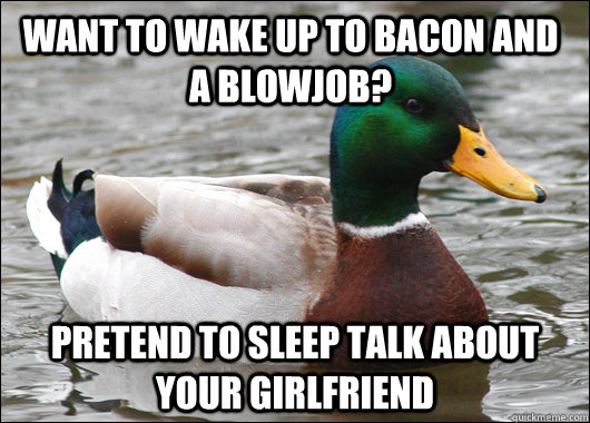 Want to wake up to bacon and a blowjob? Pretend to sleep talk about your girlfriend  Actual Advice Mallard