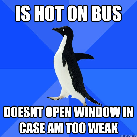 Is hot on bus doesnt open window in case am too weak  Socially Awkward Penguin
