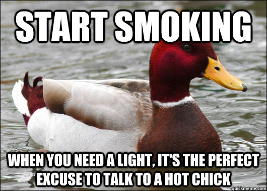 start smoking when you need a light, it's the perfect excuse to talk to a hot chick  Malicious Advice Mallard