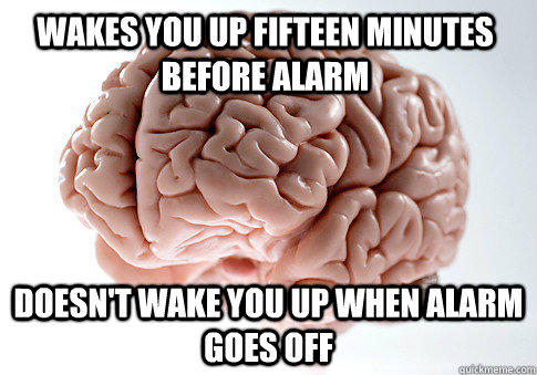 WAKES YOU UP FIFTEEN MINUTES BEFORE ALARM DOESN'T WAKE YOU UP WHEN ALARM GOES OFF - WAKES YOU UP FIFTEEN MINUTES BEFORE ALARM DOESN'T WAKE YOU UP WHEN ALARM GOES OFF  Scumbag Brain