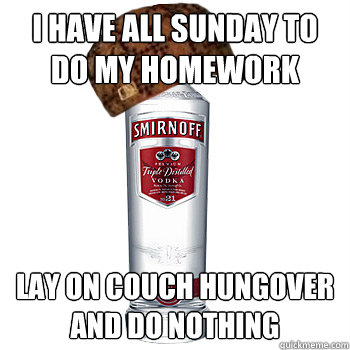 I have all sunday to do my homework lay on couch hungover and do nothing   Scumbag
