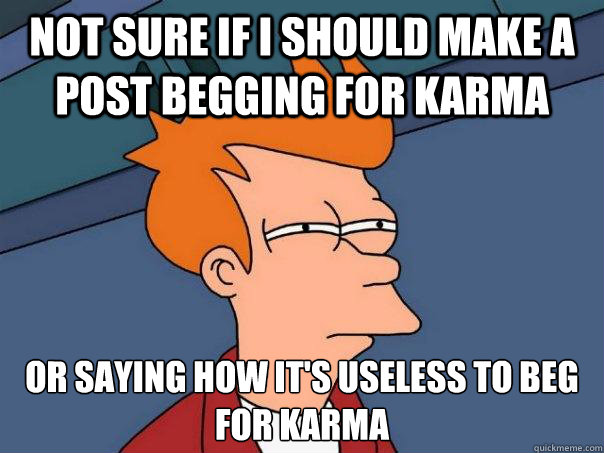 Not sure if i should make a post begging for karma Or saying how it's useless to beg for karma  Futurama Fry