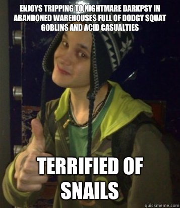 Enjoys tripping to nightmare darkpsy in  abandoned warehouses full of dodgy squat goblins and acid casualties Terrified of snails  Mehta Mechanics